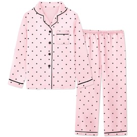 Silk Pajamas for Girls Satin Long Sleeve Button Down PJ Set Two-Piece Sleepwear for Kids, Pink Polka Dots, 9-10 Years