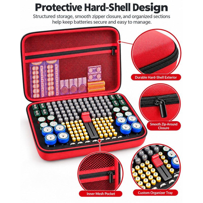 Battery Organizer Case with Tester for Home Storage – Hard-Shell