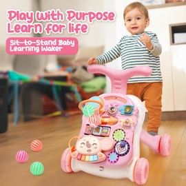 CUTE STONE 2-in-1 Baby Walker for Girls, Toddlers Learning Walker, Early Educational Push Walking Toys with Detachable Activity Center for Infants 12+ Months
