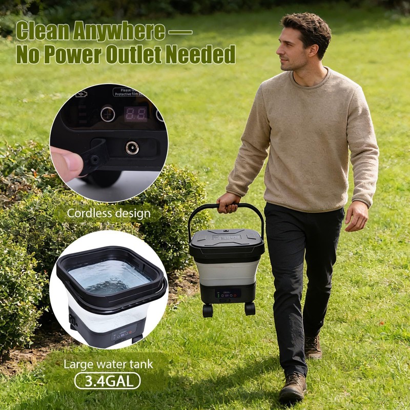Portable Cordless Washer with 3.4Gal Tank, Foldable Design for Car