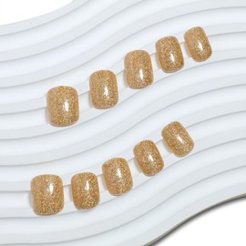 Gold Press on Nails Short Square Fake Nails Glitter Full Cover Acrylic Nails Squoval Press Ons Finish False Nails Set Glue on Nails for Women Nails Manicure Decoration 24Pcs