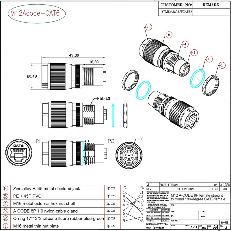 Lonlonty M12 8 Pin A Code to RJ45 Adapter Cat6a