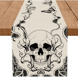 Halloween Table Runner Gothic Skull Table Runners Seasonal Kitchen Dining Table Decoration for Home Party Banquet Decor 13x48 Inch