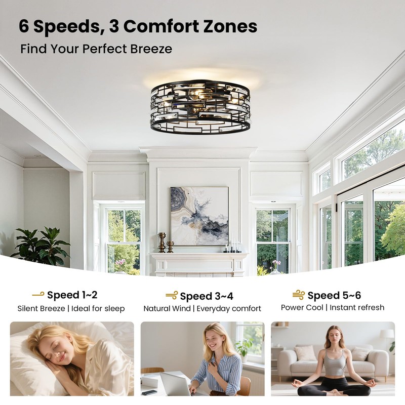 Linour Crystal Caged Ceiling Fan with Light, 18.9'' Flush Mount