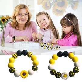 128pcs Silicone Beads Bracelet Making Kit Beads, 15mm Silicone Beads Yellow Black White Round Silicone Beads Bulk, Sunflower Craft Beads for DIY Keychain Wristlet Jewelry Making with Elastic Rope