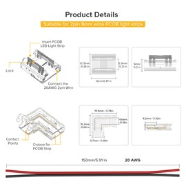 FCOB COB 8 mm 0,31 in Connector Kit 14pcs Transparent Connector 4pcs L--Shaped Connector 4pcs 15cm lang 20AWG Verlängerungskabel für spaltfreie Löten 2pin Einfarbige Streifen Eckverbindung