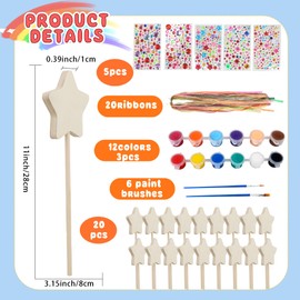 57 Pcs Make Your Own Wooden Princess Wand DIY Fairy Wands Kit Include 20 Pcs 3D Wooden Star Wands 5 Gem Stickers 20 Ribbons 12 Painting Props for Painting Crafts Birthday Party Supplies Holiday Gifts