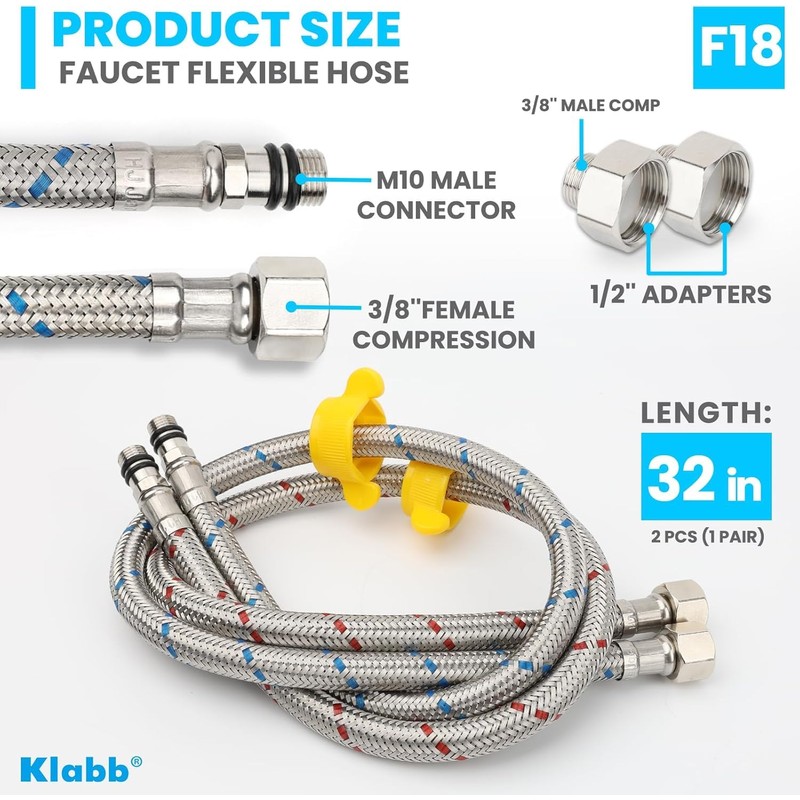 Klabb Sink Faucet Water Line Kit, 32" Flexible Braided Connector