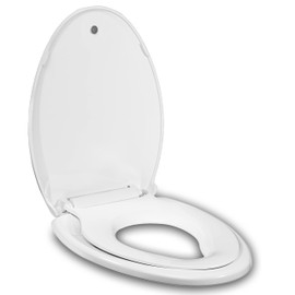 JINGZE Elongated Toilet Seat Built-In Potty Training Seat, Soft Quiet Close Non-Slip Seat, Easy to Install & Clean,Magnetic Kids Seat and Cover for Elongated Oval Toilets,White