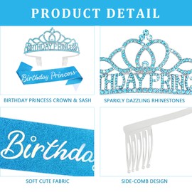 CAVETEE Birthday Princess Crowns for Women Birthday Princess Sash and Tiara for Girl Women Birthday Party Decorations for Girl Gifts Set Birthday Sash and Crown for Women (Blue)