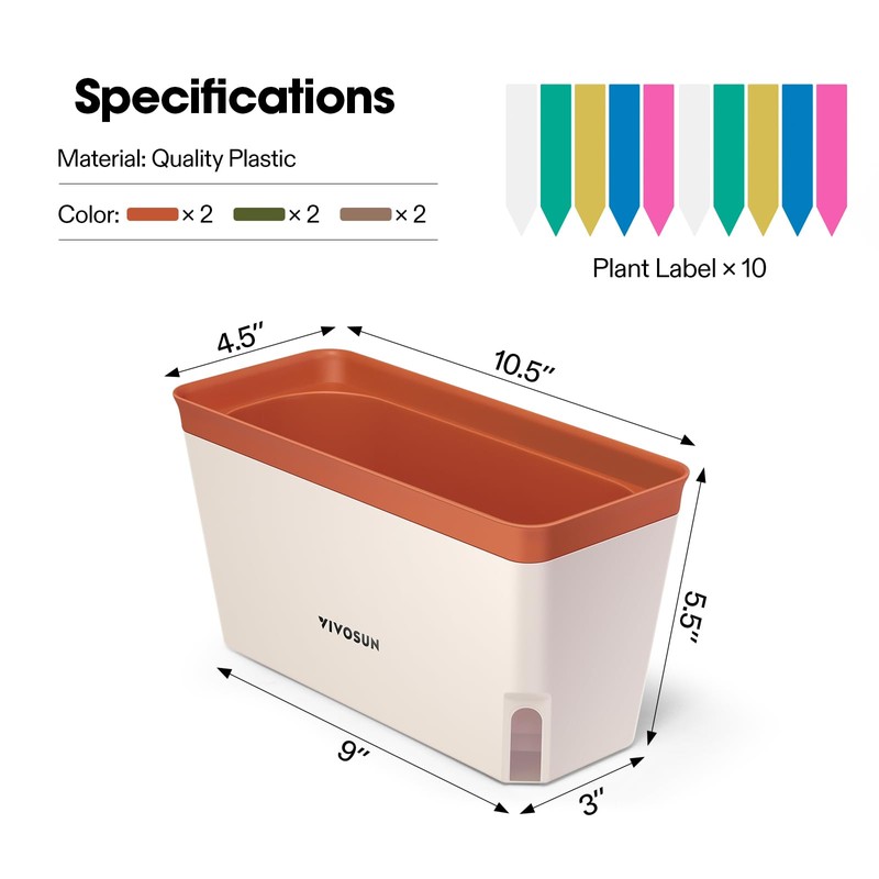 VIVOSUN Self-Watering Planters, 6-Pack 10.5 Inch Compact Rectangular Window Herb