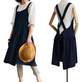 Cotton Linen Cross  Apron for Women with Pockets for Cooking Baking Navy Blue with  Ties - Color: #2 Turquoise With Waist Ties