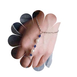 Yheakne Boho Perle Finger Armband Silber Slave Armband Vintage Ring Handgelenk Armband Blau Kristall Ring Kette Armband Handkette Schmuck für Frauen und Mädchen Geschenke