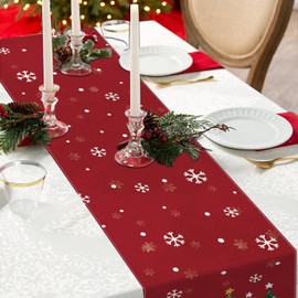 Camino de mesa de Navidad, 13 x 60 pulgadas, copos de nieve rojos, decoración de mesa de árbol de pino, para invierno, Navidad, día festivo, hogar, cocina, comedor, fiesta, interior y exterior