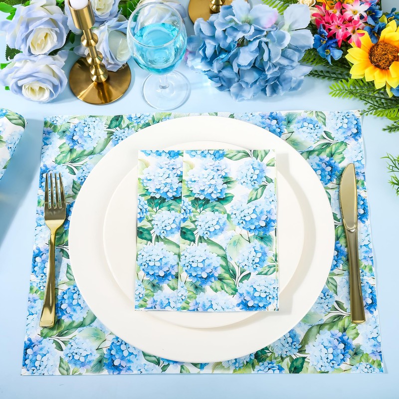 100 Pcs Hydrangea Floral Paper Guest Napkins Blue Flowers Napkin