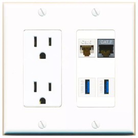 Wall Plate City CAT6 CAT7 2 USB-3 Port Wall Plate w/Power Outlet White