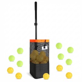 Flycoop Pickleball & Tennis Ball Picker Upper, Ball Collector Hopper Holds 60 Tennis Balls or 50 Pickleballs, Adjustable 48–112cm Handle, Heavy-Duty Spring Ball Retriever for Training & Court Practice