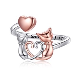 AOBOCO Sterling Silver Cat Ring for Women I Love You Cat Ring Jewelry Gift, Sterling Silver, sterling silver