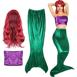Cindeer 3 Pcs Mermaid Costume for Women, Include Sequin Mermaid Crop Tops Strapless Metallic Tube Tops, Tail Skirt, Curly Wig (Green,Medium)