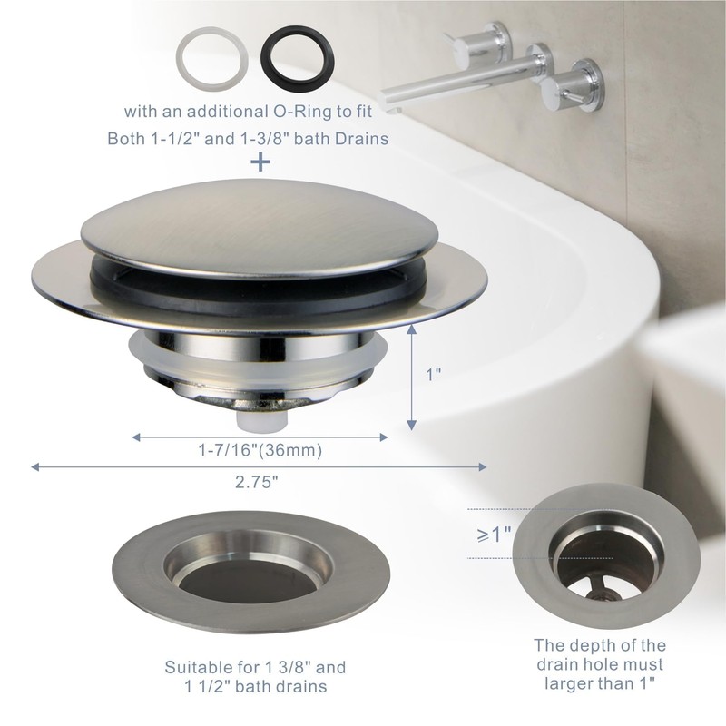 Brushed Bathtub Drain Stopper,Universal Pop Up Bath Drain, Hidrop Tip
