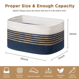 UBBCARE Blanket Basket, Large Rectangle Woven Storage Basket With Handles, Cotton Rope Toy Basket for Living Room, Nursery Baskets for Organizing, 22''L×17''W×12''H, Navy Blue