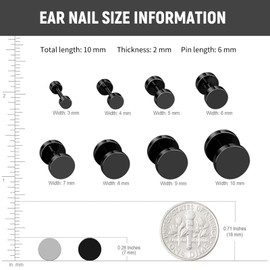 Earrings Men Women 8 Pairs Black Stud Earrings Fake Plug Stud Earrings Stainless Steel Earrings Set Hypoallergenic Round Barbell Screw Rings Set 3 mm - 10 mm, Stainless Steel
