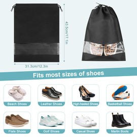 MXTIMWAN Pack of 20 Portable Shoe Bags, 31.3 x 43.5 cm, Large Non-Woven Drawstring Travel Shoe Bags, Waterproof Shoe Bags with Clear Window for Daily Use and Travel, black, Nylon