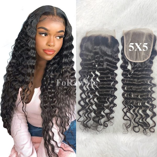 Forawme Brazilian Virgin Human Hair Pre Plucked Top Closure 18 Inch 1B 5X5 inch Deep Wave Human Hair Transparent Lace Closure With Natural Hairline