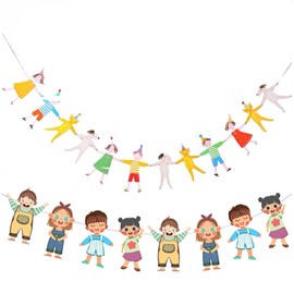 Colorful Kids Party Banner Garland, Hanging Paper Decorations, Children and Animals Design, 2 Pieces