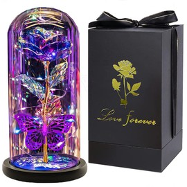Cwmyqjyzymx Christmas Rose Gifts for Mom Women, Glass Flower Rose Gifts Forever Eternal Crystal Light Up Rose in a Glass Dome, Presents for Birthday Gifts for her Daughter Sister Wife Grandma Purple