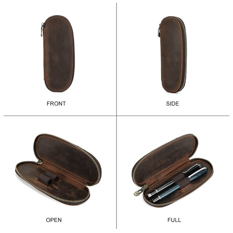 Hiram Leather Pen Case Portable Pen Box with Zipper Closure