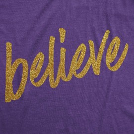 Womens Believe Script Gold Shimmer Application Cool Inspirational T Shirt Funny T Shirts Cool Motivational Top Women's Novelty Tees Purple 3XL