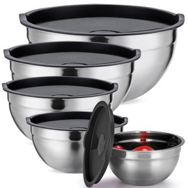 Strelitsia 5-Piece Stainless Steel Mixing Bowls with Airtight Lids, Nesting Bowls Set (5, 4, 3.5, 2, 1.5 QT), Space-Saving, Ideal for Cooking, Baking, and Food Prep - Black