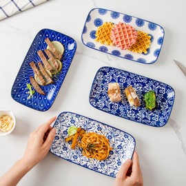 Cerkik Rectangle Serving Plates Set - 9.5 Inch Large Rectangular Ceramic Dinner Pasta Dessert Dishes for Sushi Salad Appetizer - Oven Microwave Dishwasher Safe - Set of 4 - Vintage Blue