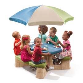 Step2 Naturally Playful Kids Picnic Table with Removable Umbrella, Indoor/Outdoor Toys, Fits 6 Children, Made of Durable Plastic, For Toddlers 3+ Years Old, Blue & Green
