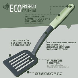 Fackelmann Ecolution Spatula - Wood Fibre and Organic Plastic Slotted Turner - 33.5 cm x 7 cm Ladle in Mint Green/Stone Grey