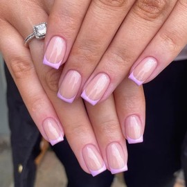 French Tip False Nails - 24pcs Short Square Press on Nails - 12 Sizes Pink Nails French Tip - Short Fake nails with Glue - Reusable Glossy Full Cover Stick on nails for Women Diy Manicure at Home