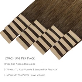 WENNALIFE Tape-in Extensions, Real Hair, Set of 20, 50 g, 35 cm/14 Inches, Ombre Walnut Brown to Ash Brown and Bleached Blonde, Remy, Invisible Tape, Silky Straight, Skin Weft Tape Ins