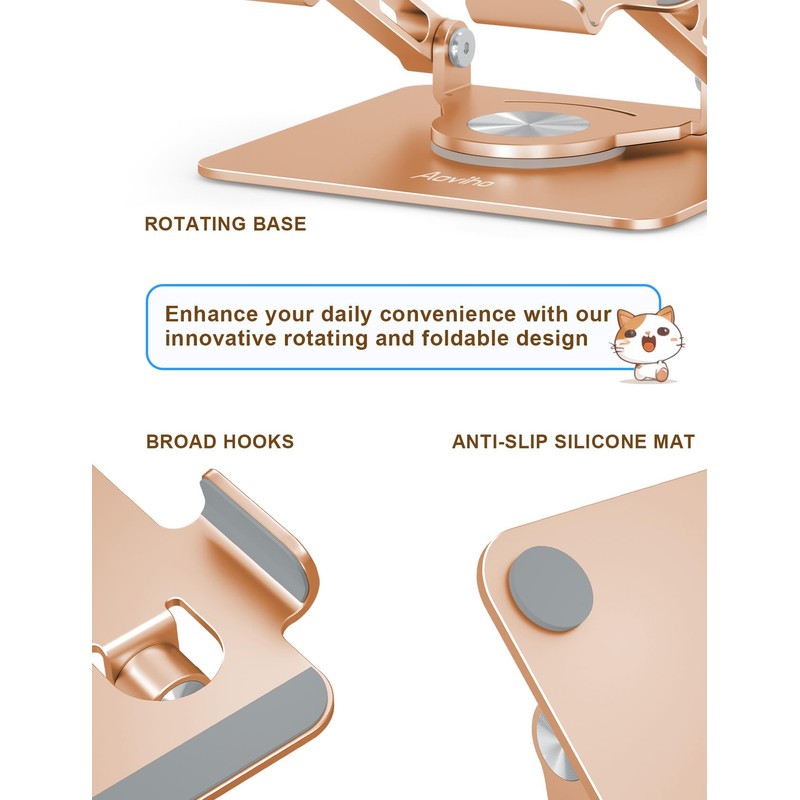 Aoviho Tablet Stand 360° Rotating Aluminum Holder, Adjustable, Portable and
