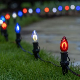 Wintergreen Lighting 15' FlexFilament LED Vintage Red White and Blue Lights, 15 C7 Lights, Patriotic Decorations, Black Wire and Stakes 4th of July Decorations