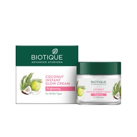 Biotique Coconut Brightening Instant Glow Cream Lightweight and Non-Greasy Reduces Dark Spots and Protects Ageing Nourished and Moisturized Skin 75 g (Pack of 1) White