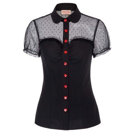 Women's Cute Short Puffy Sleeve Lapel Collared Polka dots T-Shirts Tops Black Size L BP574-1