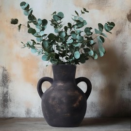 Rustic Farmhouse Ceramic Balck Flower Vase with 2 Handles, Black Terracotta Vase, Decorative Pottery Flower Vase for Home Decor, Table, Wedding, Living Room, Shelf Decor (Black)