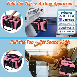 Petskd Top-Expandable Pet Carrier 17x11x9.5 Inches Alaska Airline Approved, Soft-Sided Carrier for Small Cats and Dogs with Locking Safety Zippers and Anti-Scratch Mesh(Pink)