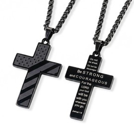 Heran Men’s Cross Necklace with Bible Verse Joshua 1:9, Easter Gifts for Man, Stainless Steel American Flag Cross Pendant, Be Strong and Courageous Christian Jewelry Gift for Men (Black)