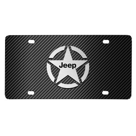 iPick Image for Jeep Willys Star Logo in 3D on Black Carbon Fiber Patten Stainless Steel License Plate for Decorative