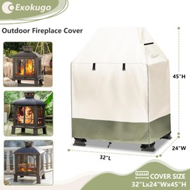Exokugo Outdoor Fireplace Cover,Heavy Duty 600D Oxford Waterproof Wood Burning Fire Pit Cover for Panovue Chiminea Fire Pits & Square Chimineas Fireplace,32"L × 24"W × 45"H,Beige and Grayish Green