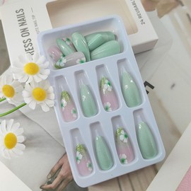 Spring Press on Nails Medium Almond Fake Nails Cat Eyes Nails Press ons Green Acrylic Nails Glitter Glue on Nails Summer False Nails with Flower Designs Artificial Stick on Nails for Women 24Pcs