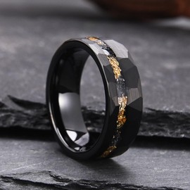 Concept Knight Black Hammered Tungsten Carbide Rings for Men Women 8mm Engagement Wedding Bands Matte Brushed Inlaid Gold Foil Meteorite Fragments Comfortable Fit, Tungsten Carbide, No Gemstone