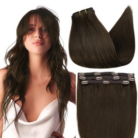 Full Shine Clip in Human Hair Extensions 18 Inch Breathable Lace Weft Clip in Extensions Color 2 Darkest Brown Human Hair Extensions Clip in 50 Grams 3 Pieces